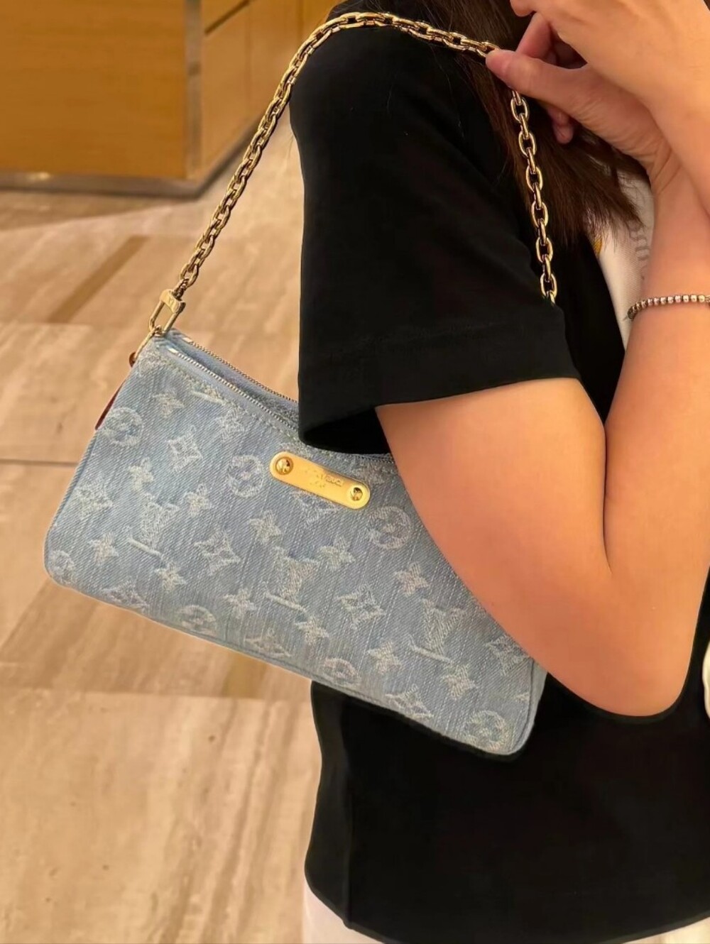 Cotton Denim Lo Sky Lite Blue Monogram Denim Pouchette Crossbody Double Zip LVI